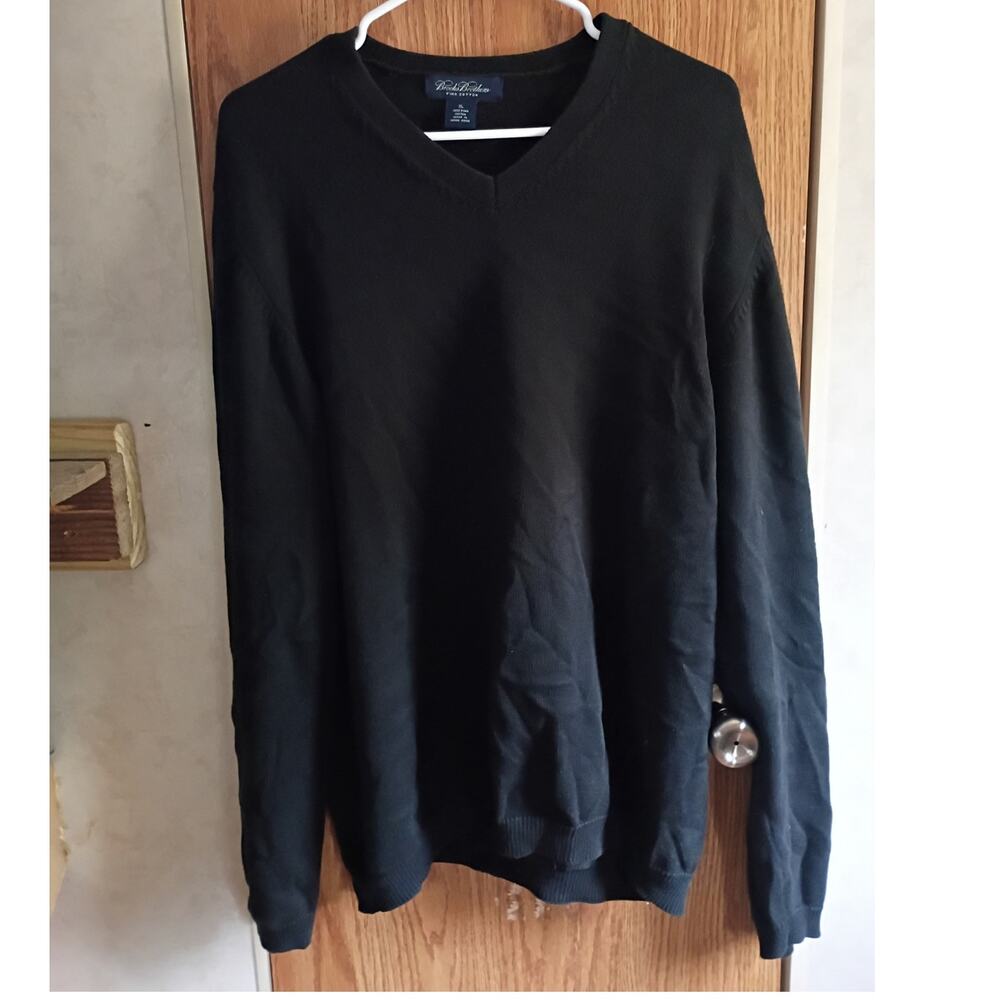 Vintage 1990s Brooks Brothers Pima Cotton V Neck Sweater XL Black Hong Kong